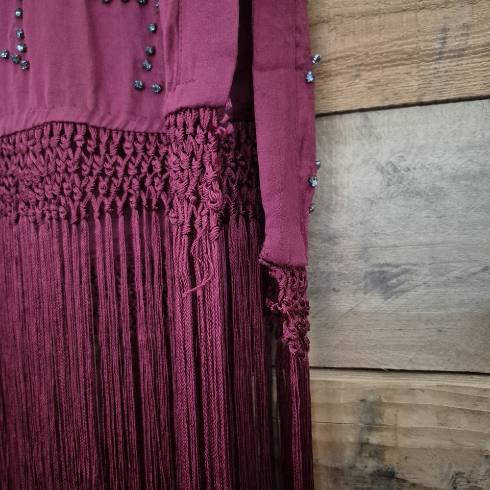 FREE PEOPLE Midnight Party Flapper Fringe Tunic Top Dress S Burgundy Boho Indie - Picture 15 of 16